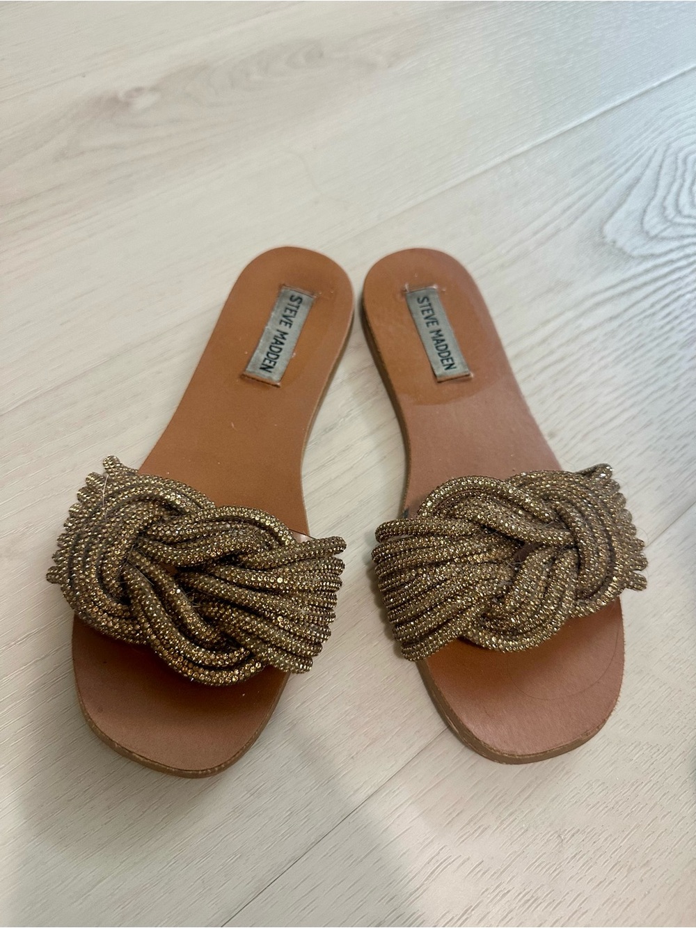 Steve Madden Metallic Gold Beaded Knot Slide Sandals